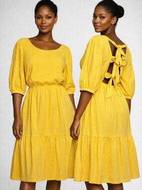 Sunday in Brooklyn Women's Medium Yellow Puff Sleeve Midi Dress Cottage Core
